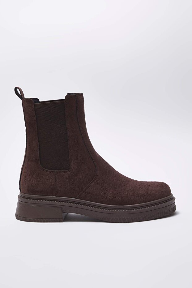 Brązowe zamszowe damskie botki Chelsea z płaską podeszwą 4 cm TAKAW26BO00085 - 1