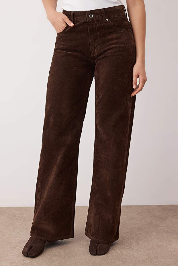 Kahverengi Süet Görünümlü Yüksek Bel Wide Leg Jeans TWOAW26JE00175 - 3