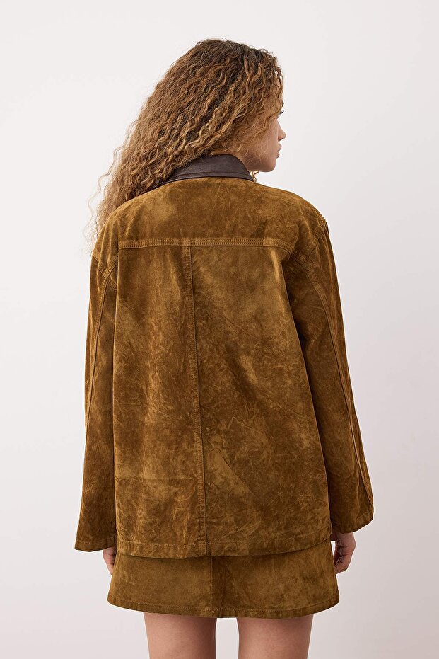 Camel Yakası Deri Detaylı Süet Görünümlü Oversize Denim Ceket TWOAW26CE00051 - 5