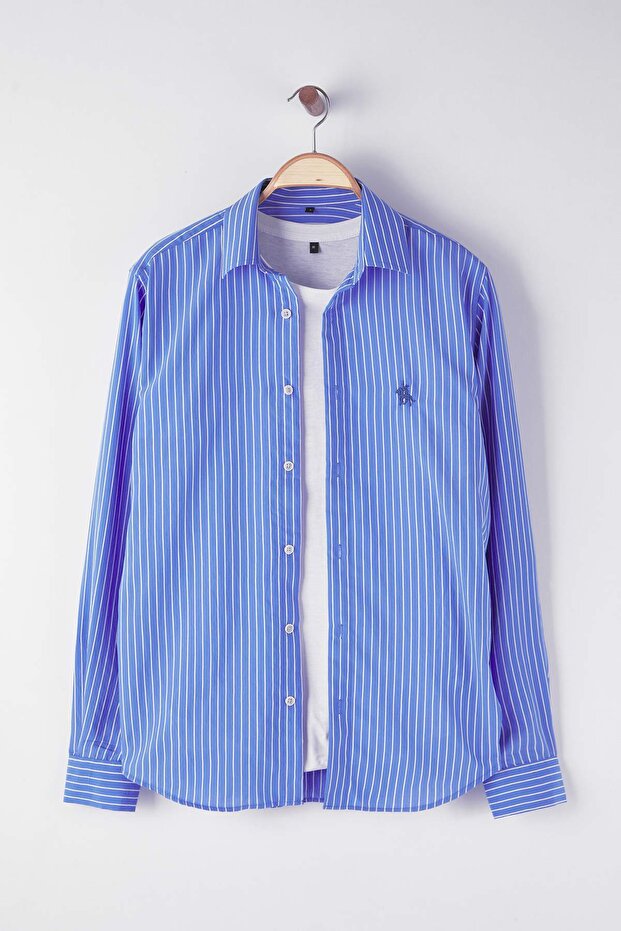 Mavi Slim Fit Çizgili Nakışlı Yumuşak Dokulu Erkek Gömlek TMNAW26GO00005 - 5