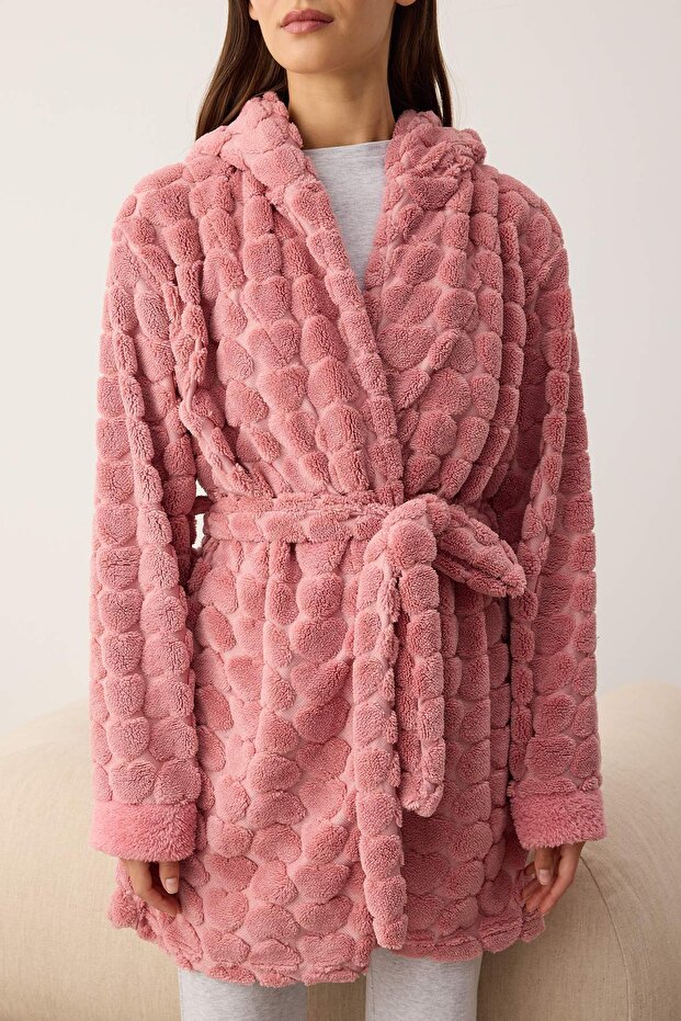 Pembe Kuşaklı Kalpli Polar Kışlık Örme Sabahlık THMAW24SB00002 - 5