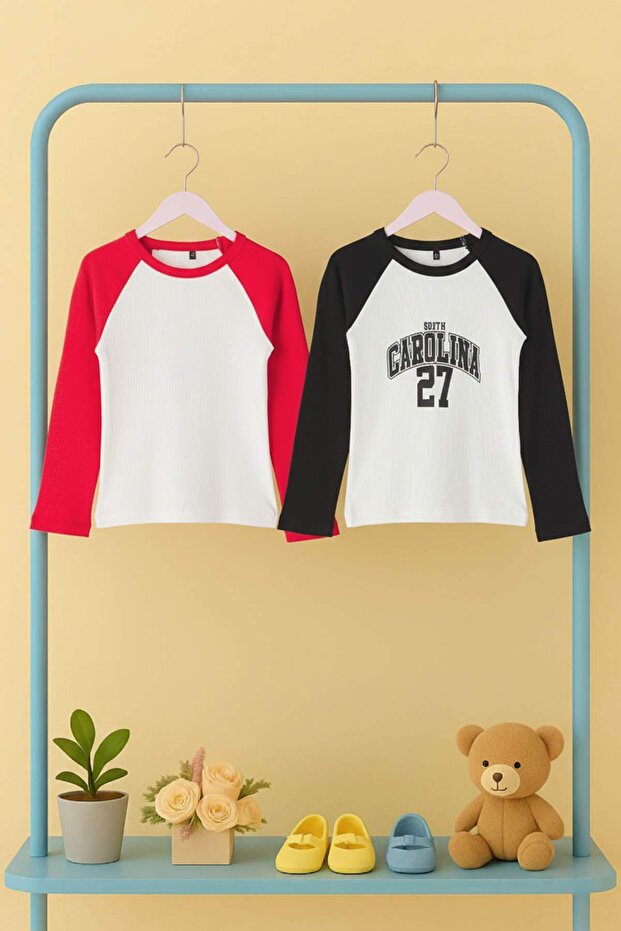 Siyah-Kırmızı 2'li Pamuklu Slogan Baskılı 23 Nisan RegularKız Çocuk Örme T-Shirt TKDAW26TS00008 - 2