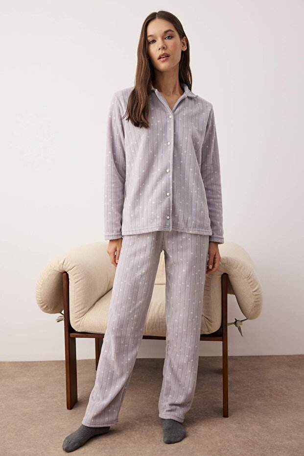 Gri Galaksi Desenli Kışlık Polar Örme Pijama Takımı THMAW26PT00190 - 1