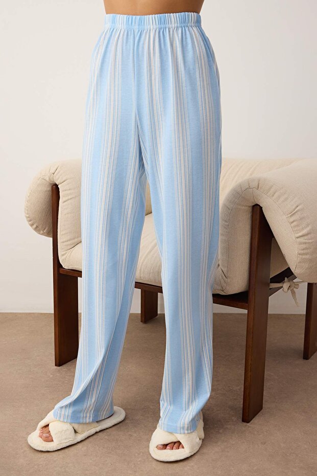 Mavi Pamuklu Çizgili Örme Pijama Takımı THMAW25PT00188 - 3