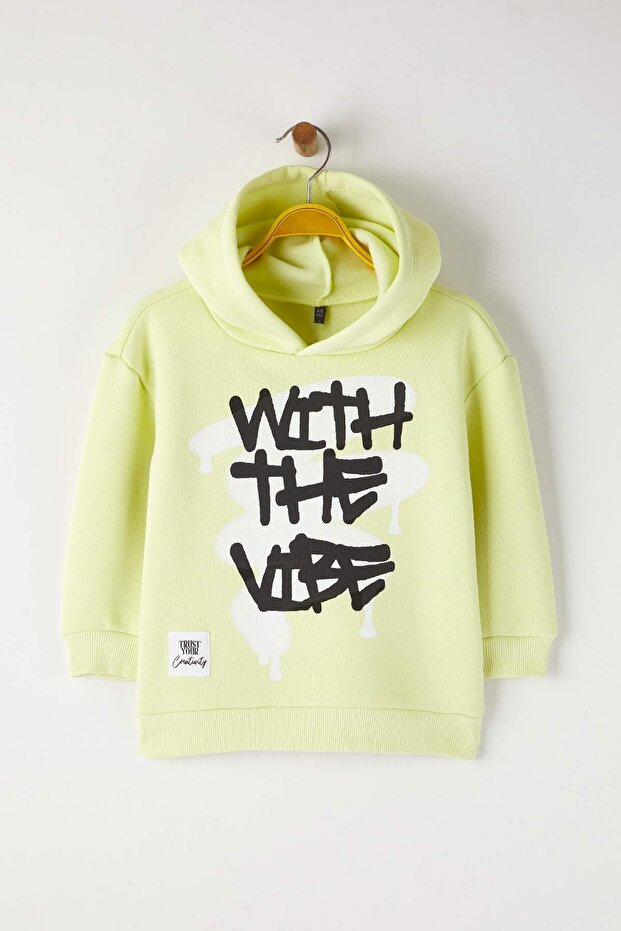 Sarı Pamuklu Baskılı Kapüşonlu Oversize Örme Kalın/İçi Polarlı Unisex Sweatshirt TKDAW26SW00045 - 4