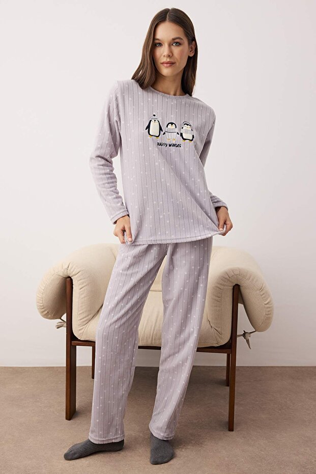 Gri Penguen Patchli Polar Örme Pijama Takımı THMAW26PT00193 - 2