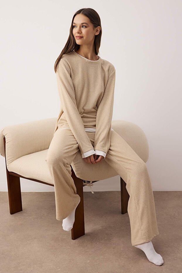 Bej Melanj Çift Katlı Kışlık Yumoş Örme Pijama Takımı THMAW26PT00154 - 1