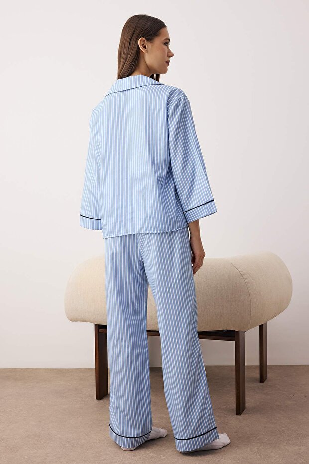 Mavi Çizgili Poplin Dokuma Pijama Takımı THMAW26PT00101 - 4