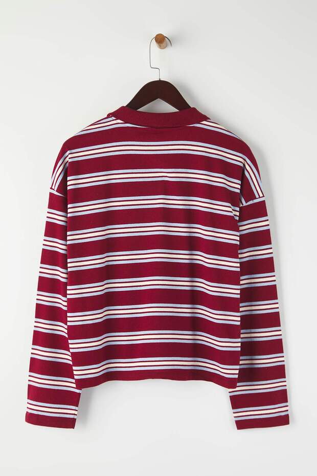 Bordo Çizgili Polo Yaka Oversize/Geniş Kalıp Örme T-Shirt TWOAW26TS00020 - 7