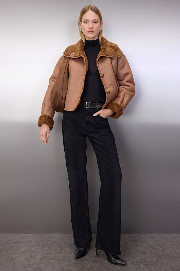 Camel Oversize Kalıp Peluş Detaylı Süet Mont TWOAW26MO00073 - 2