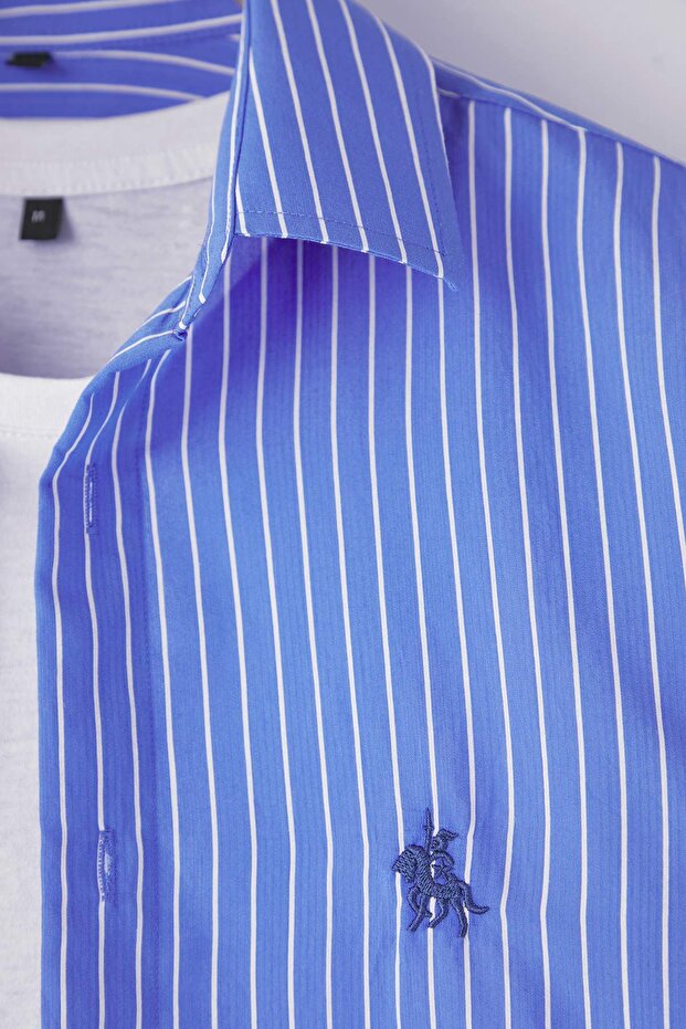 Mavi Slim Fit Çizgili Nakışlı Yumuşak Dokulu Erkek Gömlek TMNAW26GO00005 - 6