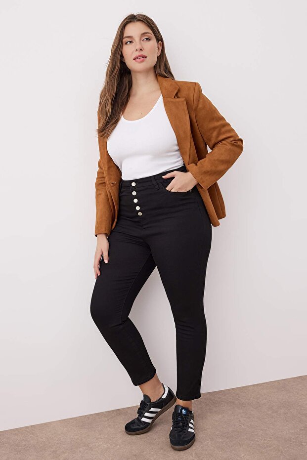 Solmayan Siyah Yüksek Bel Önü Düğmeli Esnek/Stretch Büyük Beden Skinny Jeans TBBAW26CJ00042 - 2