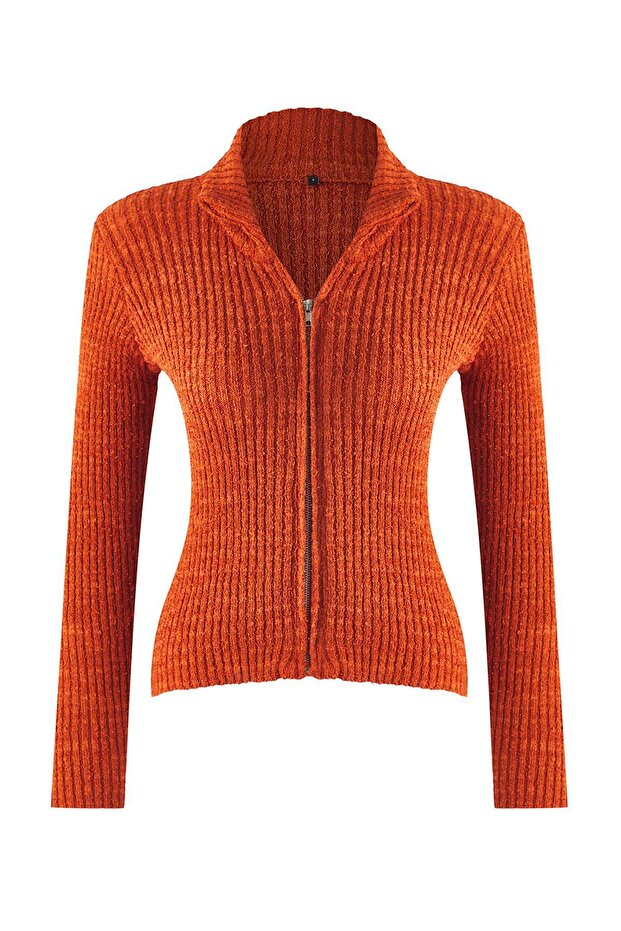 Wardrobe Essentials Turuncu Fermuarlı Dik Yaka Yumuşak Dokulu Pamuklu Triko Hırka TWOAW26HI00088 - 5