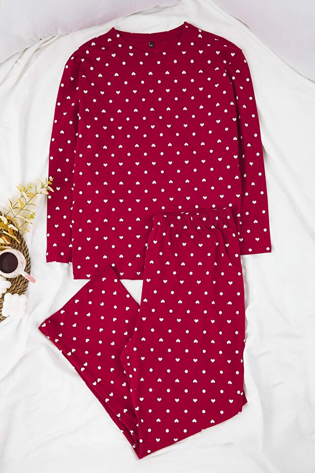 Bordo Kalp ve Puantiye Desenli Örme Pijama Takımı TBBAW25AI00065 - 3
