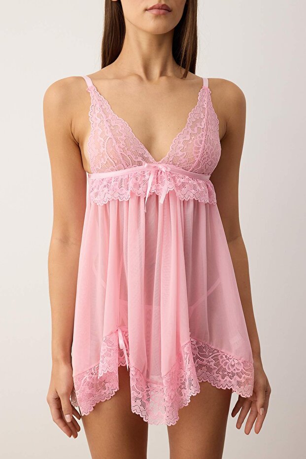Pembe Tül Kurdele/Fiyonk ve Dantel Detaylı Kapsız Külotlu Babydoll/Fantezi Gecelik THMAW26LL00007 - 4