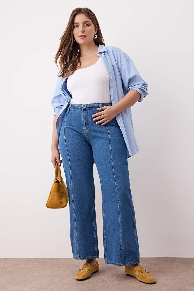 Mavi Yüksek Bel Kemerli Geniş Paça Denim Büyük Beden Jeans TBBAW26CJ00031 - 1