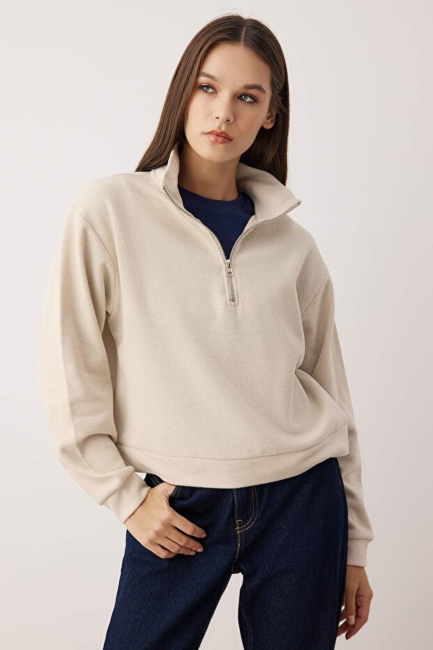 Taş Regular/Normal Kalıp Yarım Pat Fermuarlı Kalın Örme Sweatshirt TWOAW26SW00059 - 2