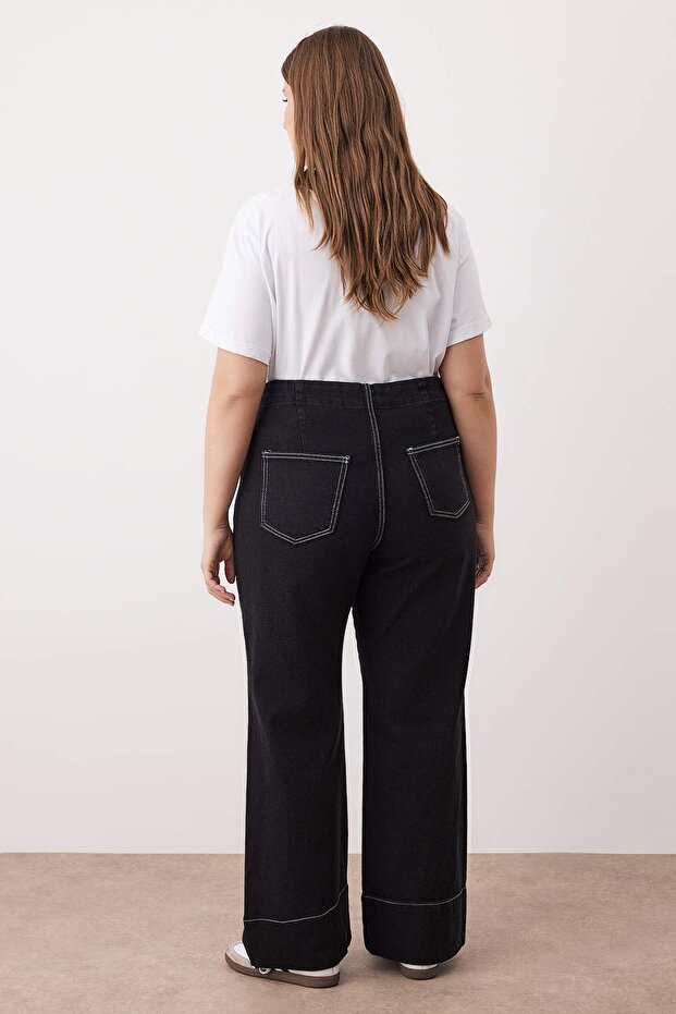 Antrasit Yüksek Bel Dikiş Detaylı Geniş Paça Büyük Beden Wide Leg Jeans TBBAW26CJ00017 - 4