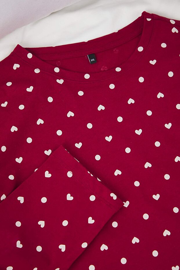 Bordo Kalp ve Puantiye Desenli Örme Pijama Takımı TBBAW25AI00065 - 5
