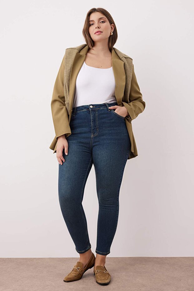 Blue Green High Waist Stretchy Plus Size Skinny Jeans Tbbaw23Je00000
