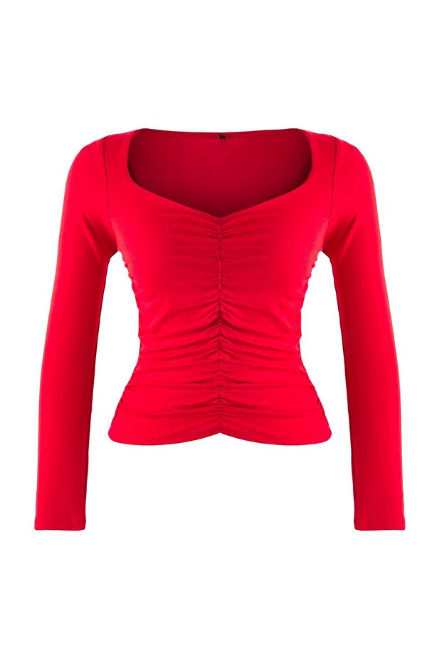 More Sustainable Kırmızı Fitted/Vücuda Oturan Büzgülü V Yaka Uzun Kol Esnek Örme Bluz TWOAW26BZ00163 - 5