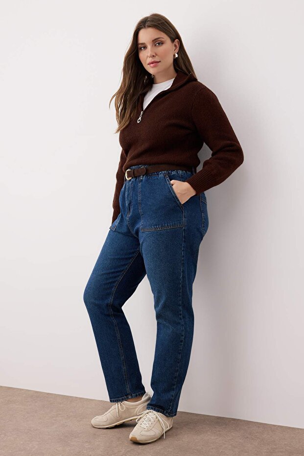 Mavi Yüksel Bel Beli Lastikli Büyük Beden Mom Fit Jeans TBBAW26CJ00020 - 2