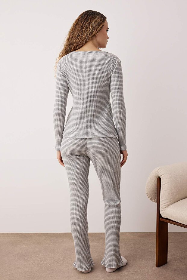 Gri Melanj Çizgili Yarım Patlı Fitilli Örme Pijama Takımı THMAW26PT00041 - 4