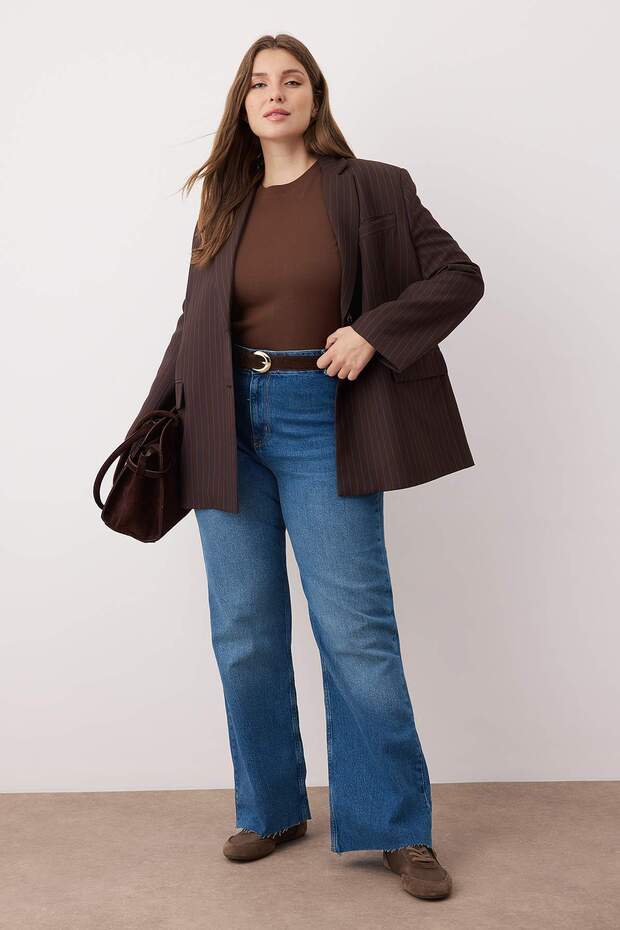 Mavi Yüksek Bel Paçası Kesikli Straight Fit Denim Büyük Beden Jeans TBBAW26CJ00033 - 1