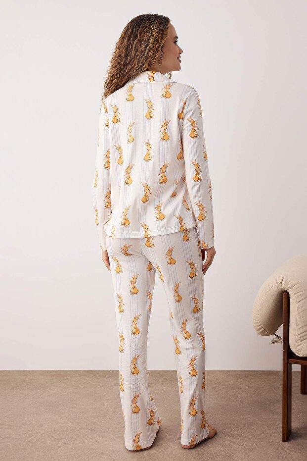 Çok Renkli %100 Pamuklu Çizgili Tavşan Desenli Örme Pijama Takımı THMAW25PT00193 - 4