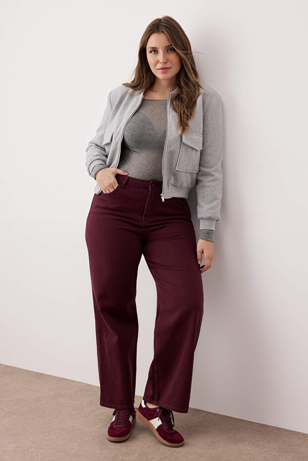 Bordo Yüksek Bel Straight Fit %100 Pamuk Non-Strerch Denim Büyük Beden Jeans TBBSS24CJ00050 - 2