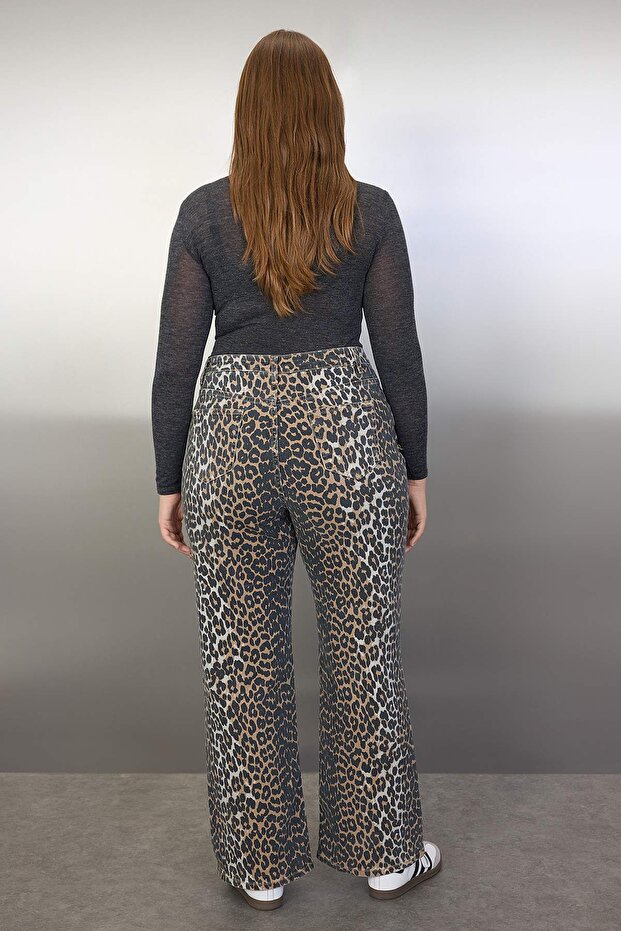 Çok Renkli Yüksek Bel Leopar Desenli Comfort/rta Esnek Straight Fit Büyük Beden Jeans TBBAW25CJ00003 - 4