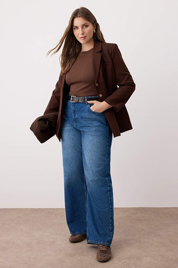 Koyu Mavi Yüksek Bel Beli Lastikli Geniş Paça Wide Leg Büyük Beden Jeans TBBAW26CJ00041 - 2