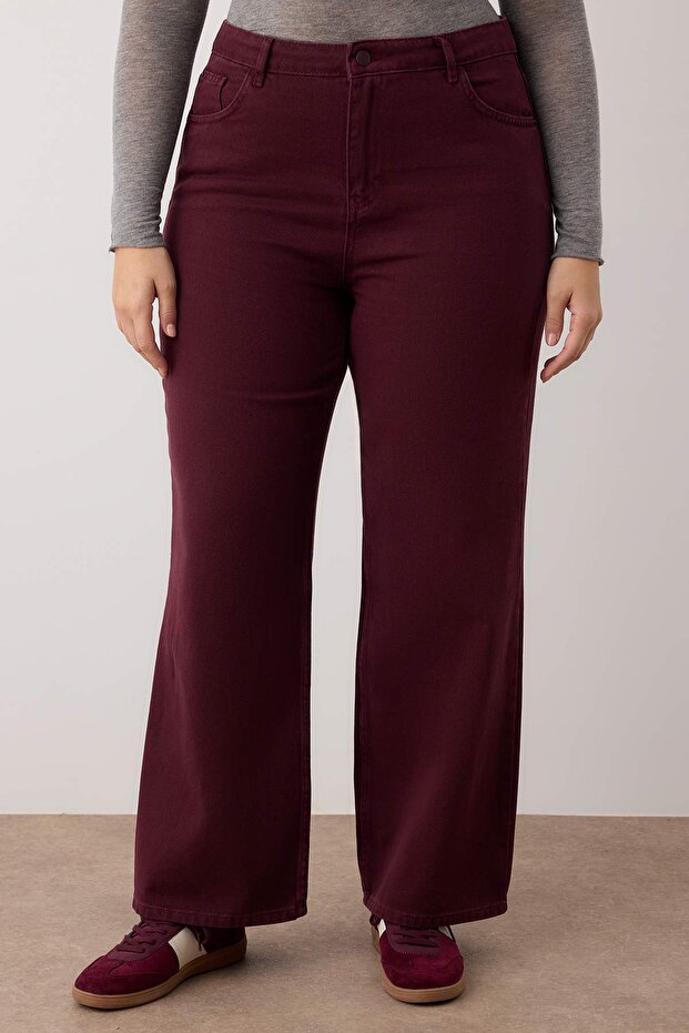 Bordo Yüksek Bel Straight Fit %100 Pamuk Non-Strerch Denim Büyük Beden Jeans TBBSS24CJ00050 - 3