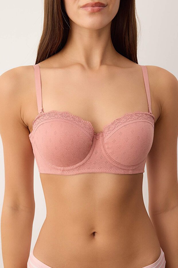 Gül Kurusu %100 Pamuklu Fitilli Dantel Detaylı Kaplı Straplez Örme Sütyen THMAW26SU00001 - 3