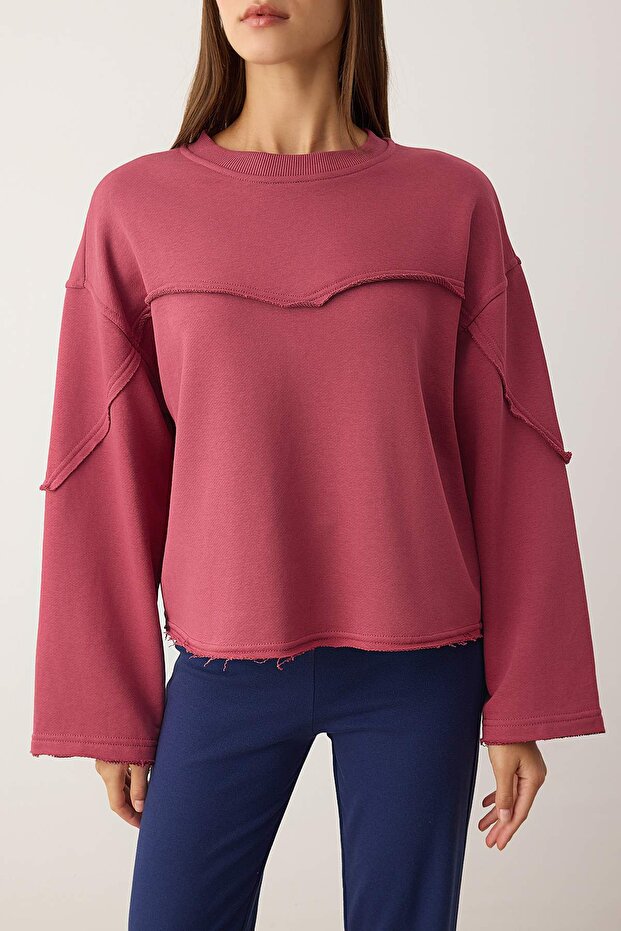 Gül Kurusu Kalın Şardonsuz İspanyol Kol Dikiş Detaylı Relaxed Örme Sweatshirt TWOAW26SW00110 - 3