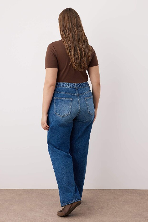 Koyu Mavi Yüksek Bel Beli Lastikli Geniş Paça Wide Leg Büyük Beden Jeans TBBAW26CJ00041 - 5