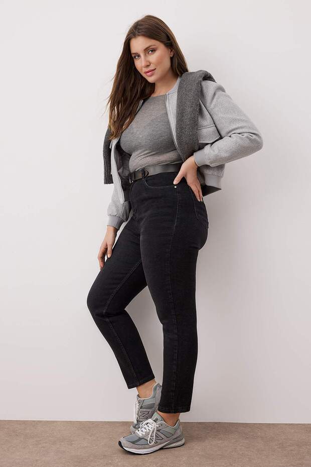 Antrasit Yüksek Bel Esnek Büyük Beden Skinny Jeans TBBAW26CJ00035 - 2