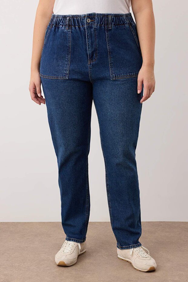 Mavi Yüksel Bel Beli Lastikli Büyük Beden Mom Fit Jeans TBBAW26CJ00020 - 3