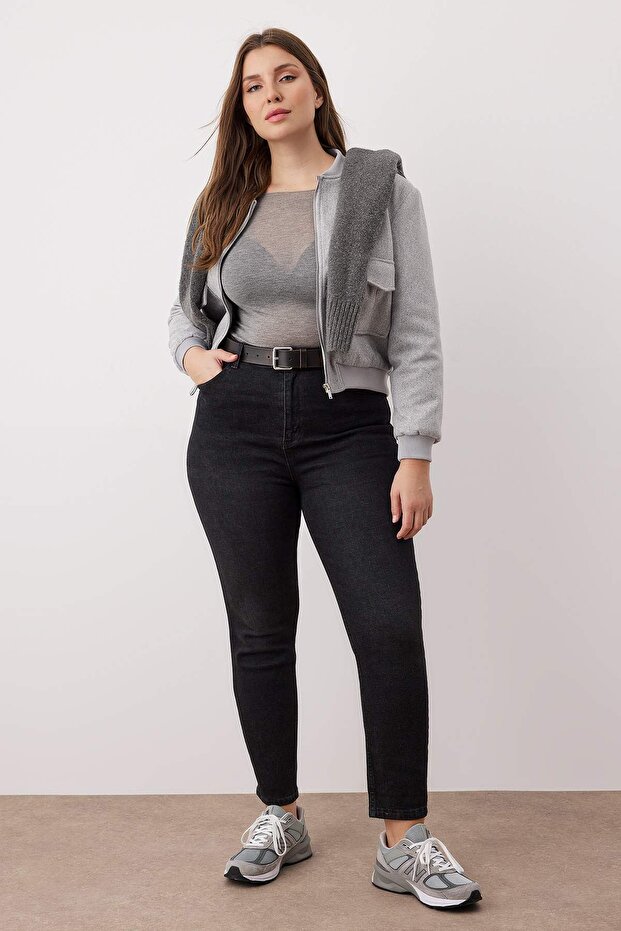 Antrasit Yüksek Bel Esnek Büyük Beden Skinny Jeans TBBAW26CJ00035 - 1