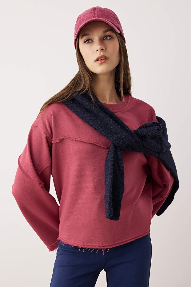 Gül Kurusu Kalın Şardonsuz İspanyol Kol Dikiş Detaylı Relaxed Örme Sweatshirt TWOAW26SW00110 - 1