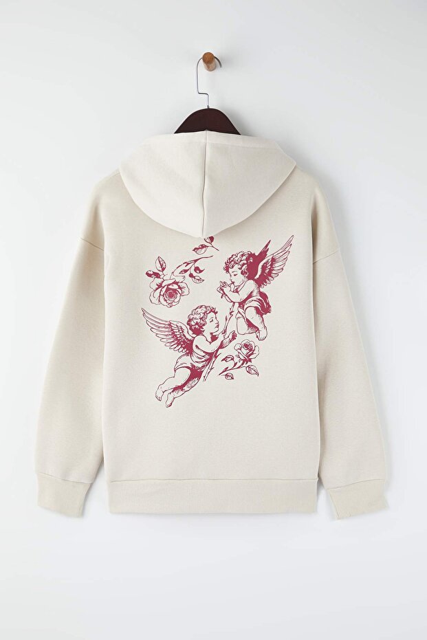 Teen Taş Kapüşonlu Sırt Melek Baskılı Kalın İçi Polarlı Oversize Örme Sweatshirt TWOAW26SW00198 - 5