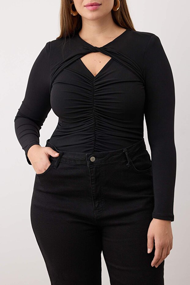 Siyah Alttan Çıtçıtlı Örme Büyük Beden Body TBBAW26CS00004 - 3