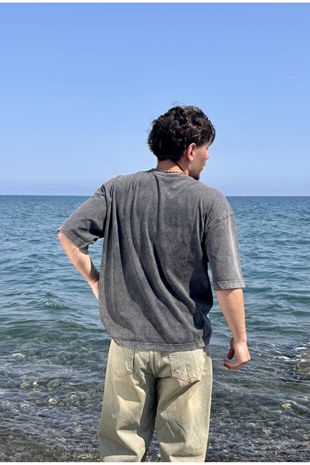 Asit Yıkamalı Basic Oversize Tişört - 2