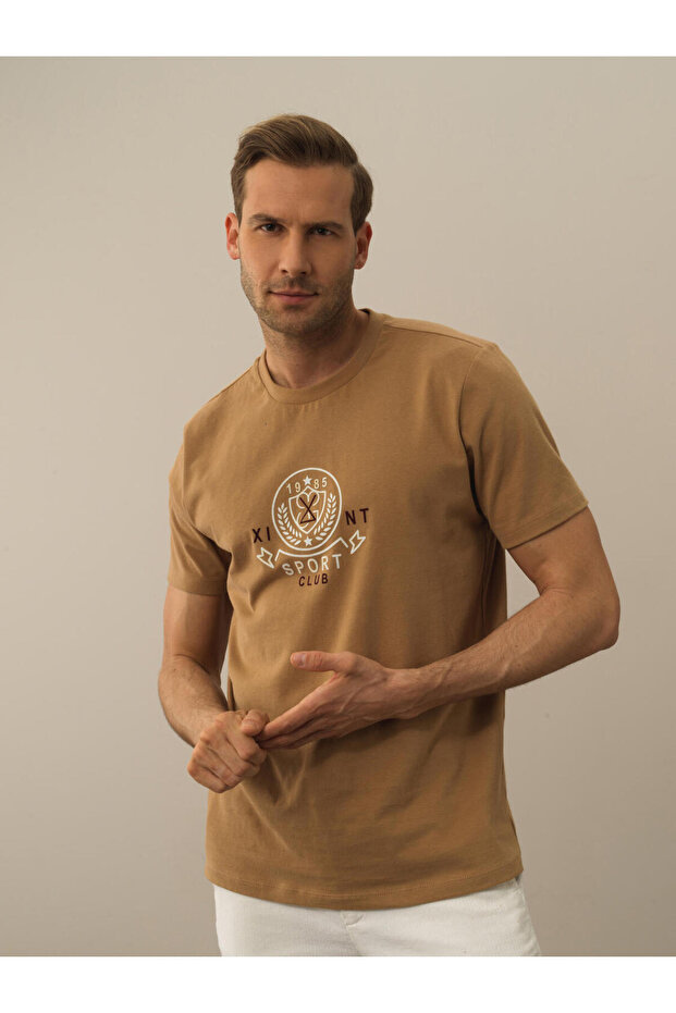 Erkek Camel Regular Fit Baskılı Tişört - 1