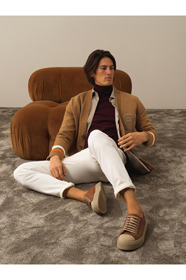 Erkek Camel Lüks Pamuk Dokulu Regular Fit Hırka - 3