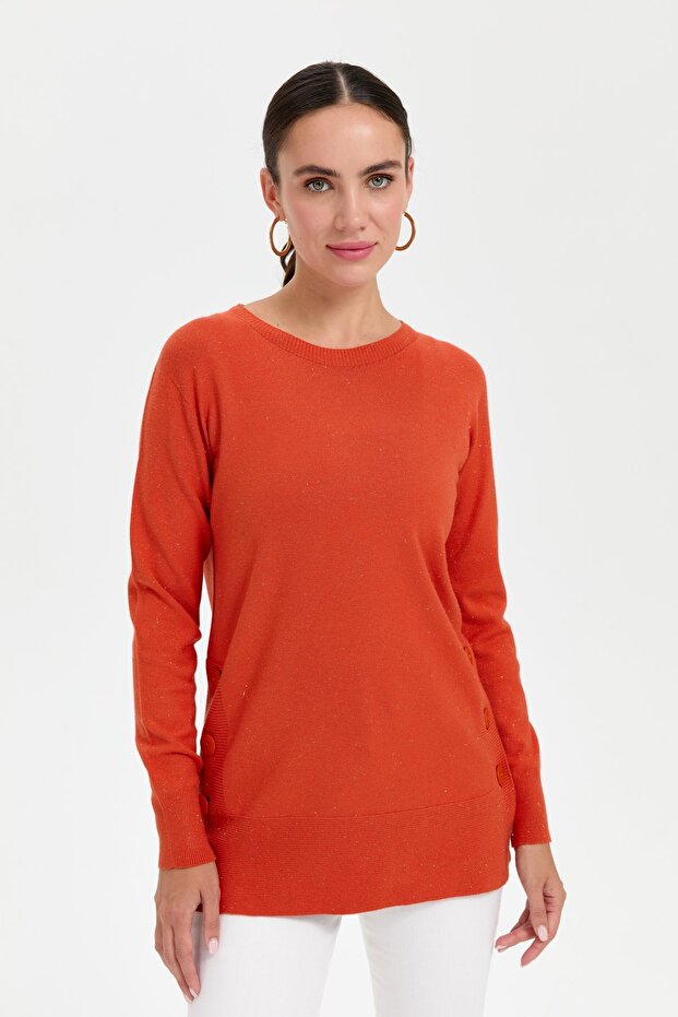 Women's Crew Neck Seamless Glitter Blouse with Buttons on the Side Orange