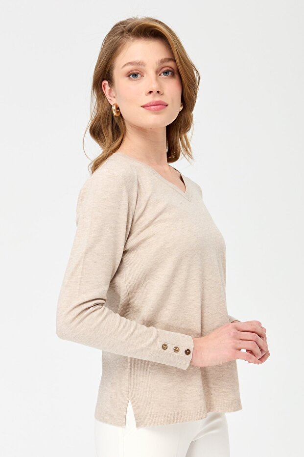 Women's V-Neck Sleeves Buttoned Glitter Blouse Beige