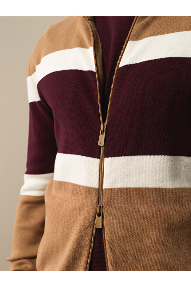Erkek Camel Regular Fit Çizgili Hırka - 3