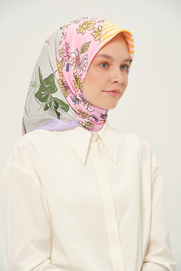 Patterned Twill Scarf 90X90 cm Non-Slip Fabric Green Lily