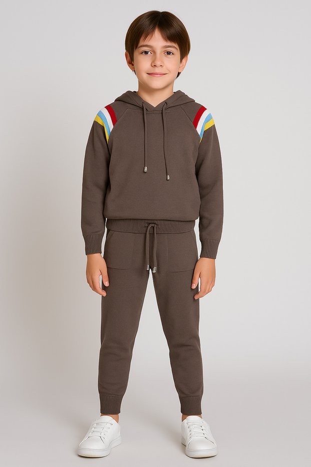 Knitwear Unisex Hooded Stripe Detailed Set Brown
